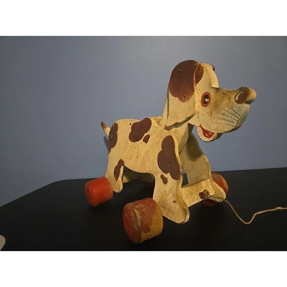 Vintage Antique Playful Dog Pup Pull Toy Dog Wagging Moving Tail And Ears